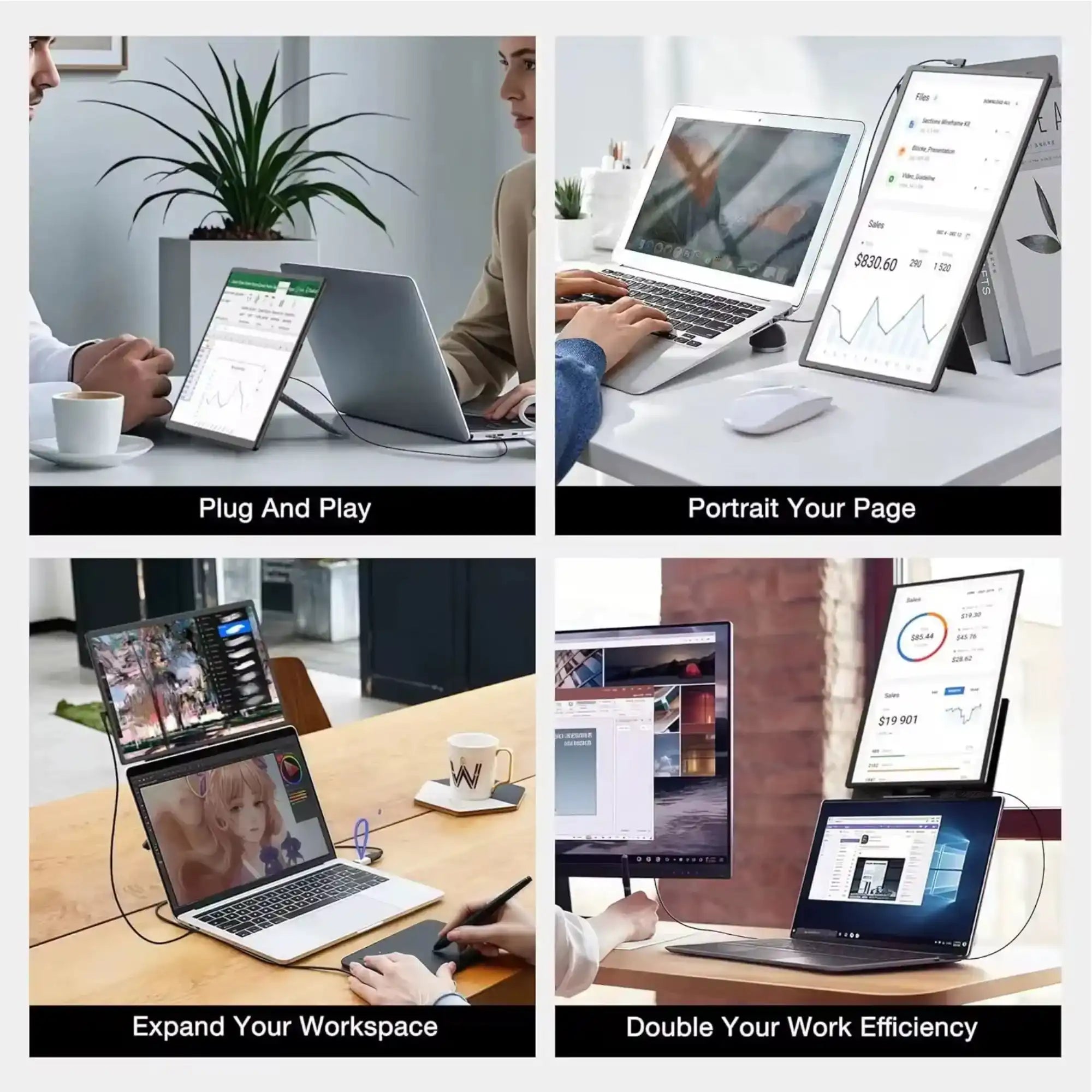TUTT 16" Laptop Screen Extender with Stand 16:10 Ratio USB-C/HDMI + Speaker | Multiple Position Portable Monitor | Reverse Charging Plug-Play for Mac/OS/Wins/Chrome/Dex N2
