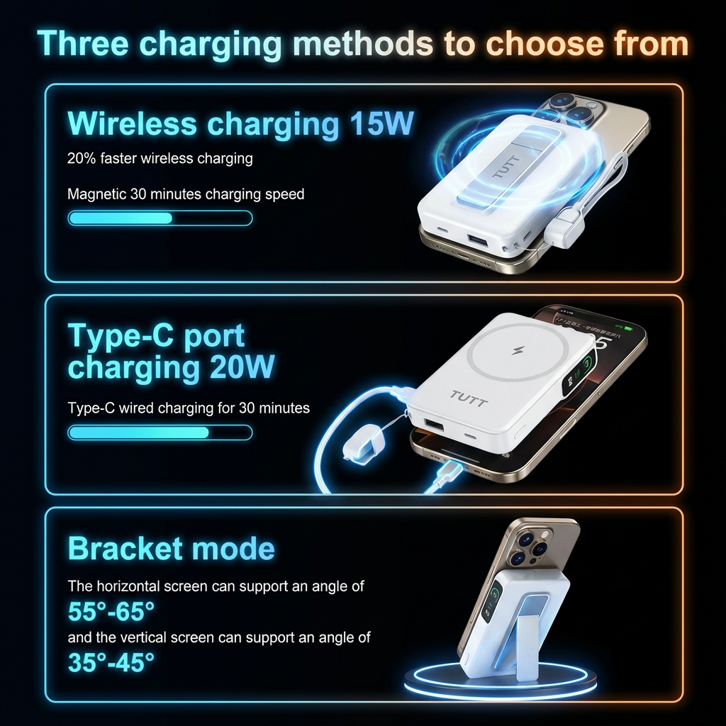 TUTT Power Bank 10000mAh Magnetic Wireless with Self-Wired Stand | PD22.5W & 15W Wireless | C5