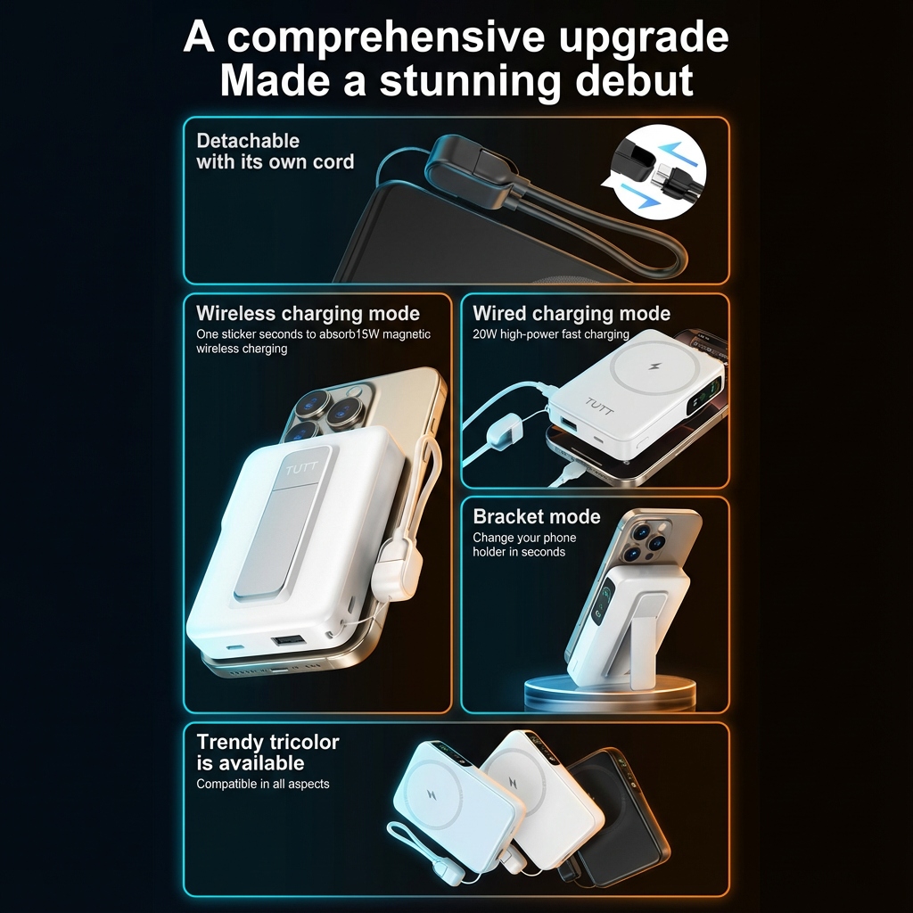 TUTT Power Bank 10000mAh Magnetic Wireless with Self-Wired Stand | PD22.5W & 15W Wireless | C5