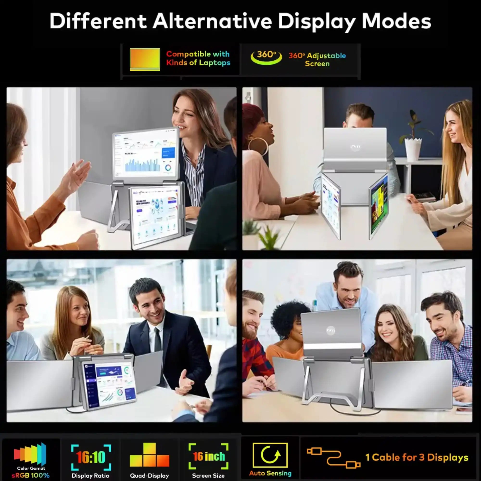 TUTT 16” Quad Screen Extender | Single Cable Setup | 16:10 IPS | Stand-Alone Portable Monitor For Laptop Mac & Windows S788