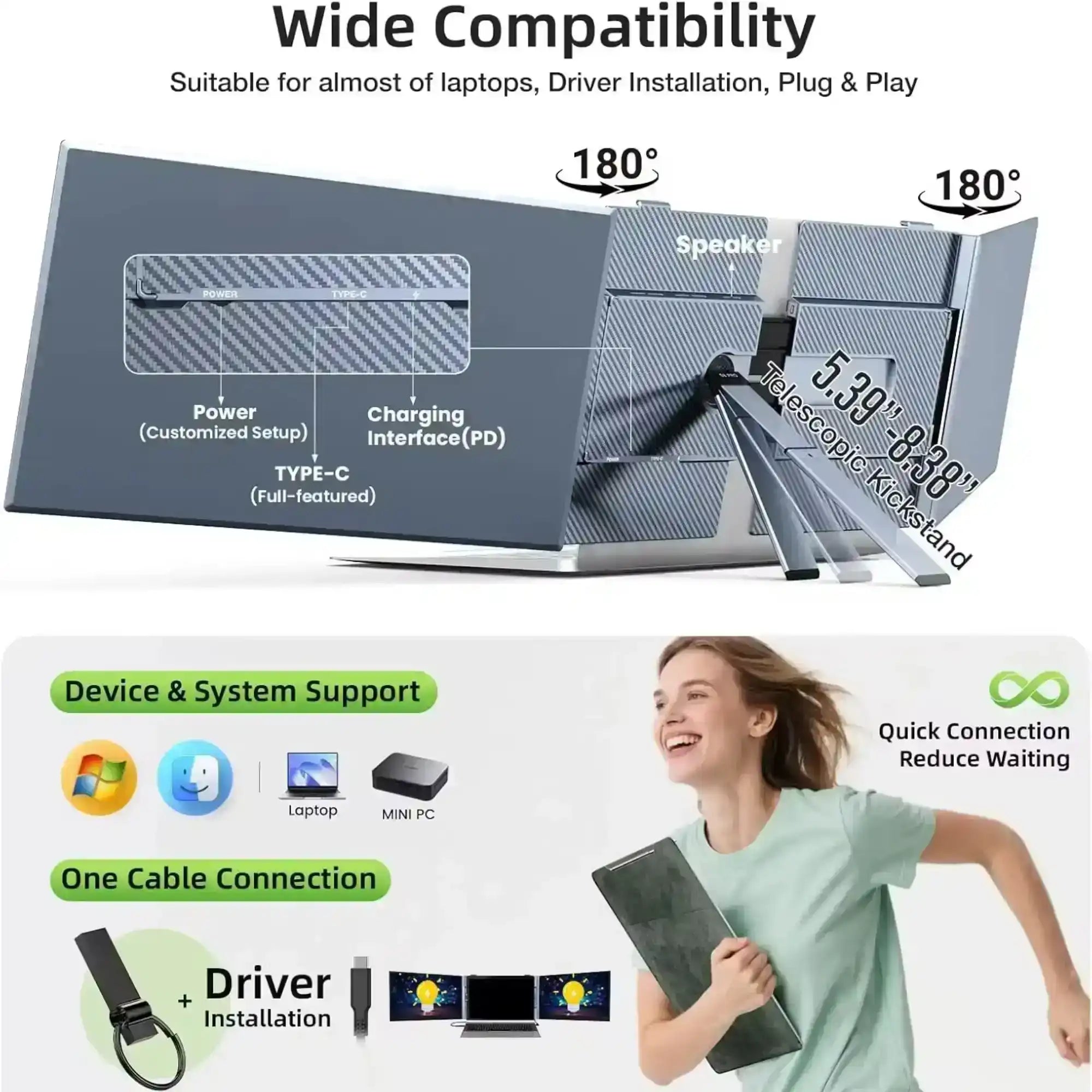 TUTT S8Ultra 14” Portable Monitor for Laptop | Single Cable Connection | Ultra Slim-Light | Plug & Play USB-C | Laptop Screen Extender for Mac/Win