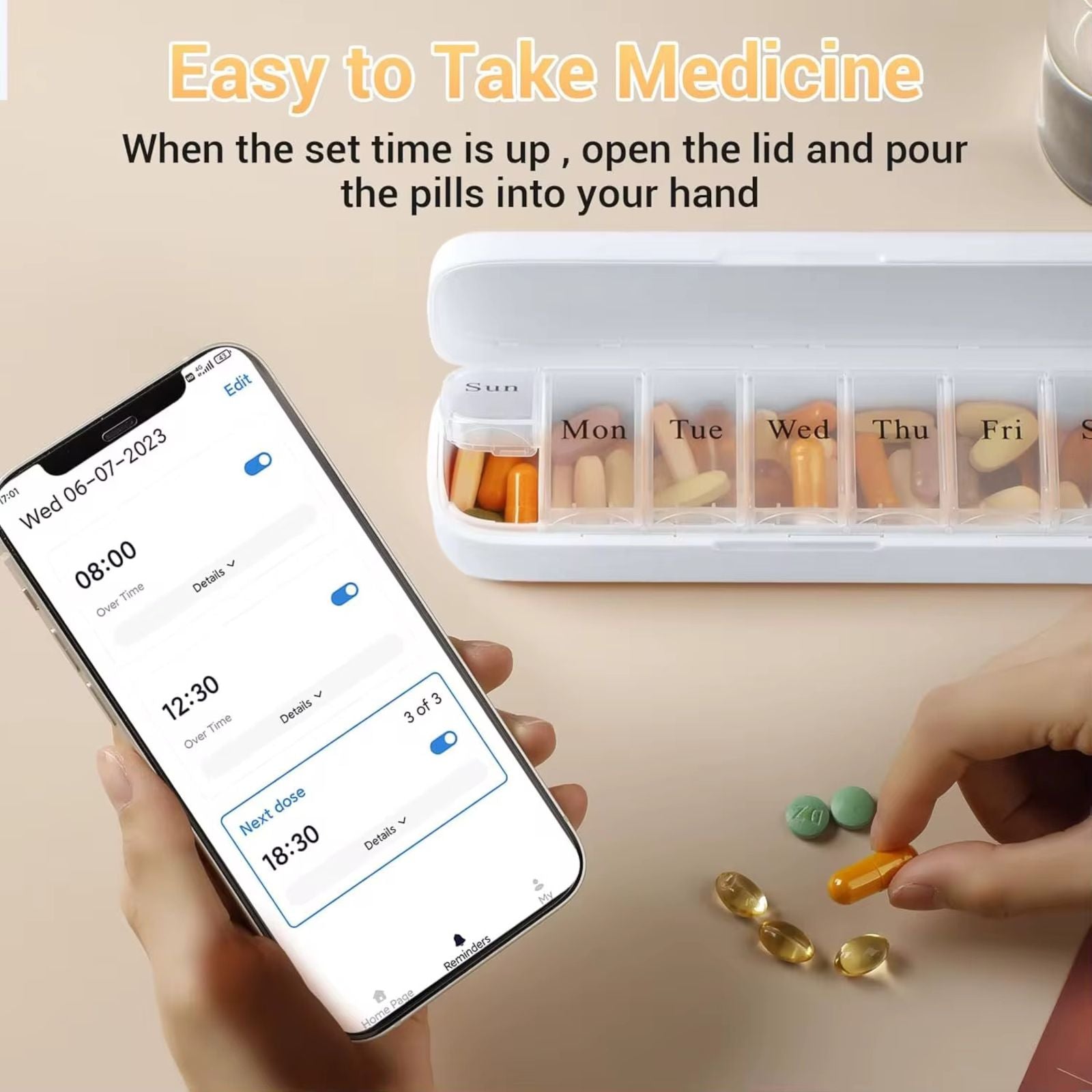 TUTT Smart Pill Organizer | Bluetooth 7-Day Medication Dispenser, Reminder Box | With Alarm for iOS & Android