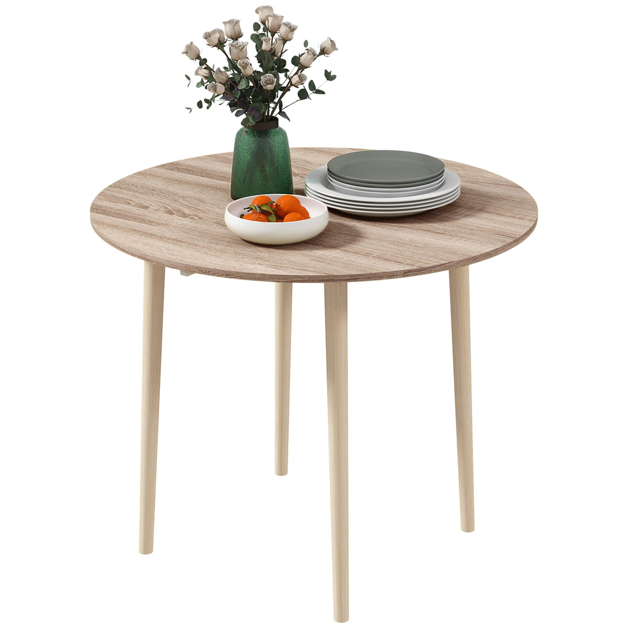 HOMCOM Folding Dining Table, Round Drop Leaf Kitchen Table for Small Spaces with Wood Legs, Oak 