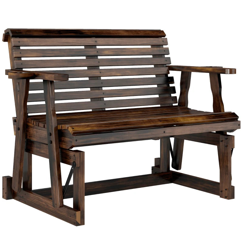 Outdoor Glider Bench, Wooden Glider Chair with 2 Cupholders, Slatted Seat and Armrests, Patio Swing Rocking Loveseat