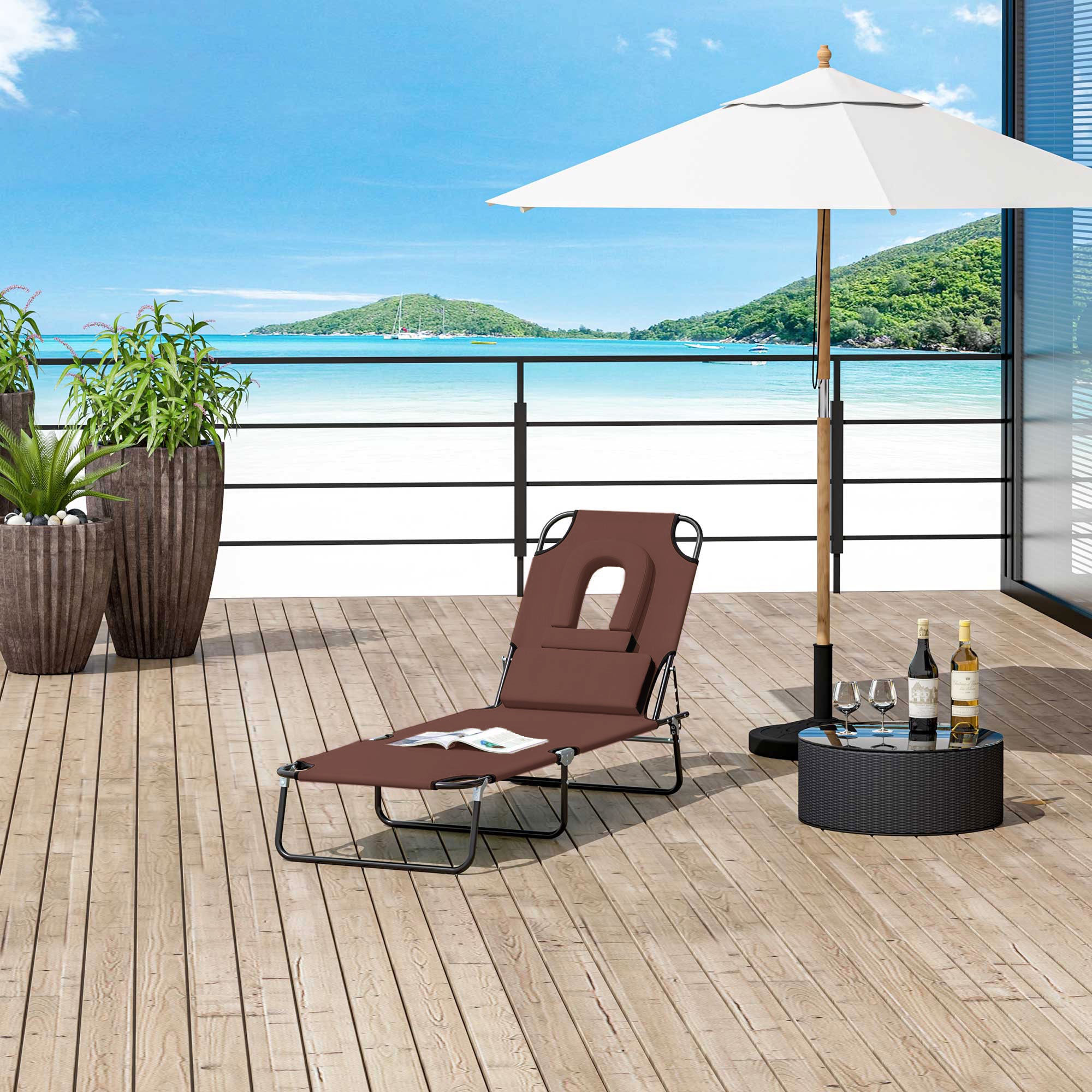 Outsunny Sun Lounger with Reading Hole, Adjustable, Foldable, for Beach & Camping, Outdoor Recliner - Brown 