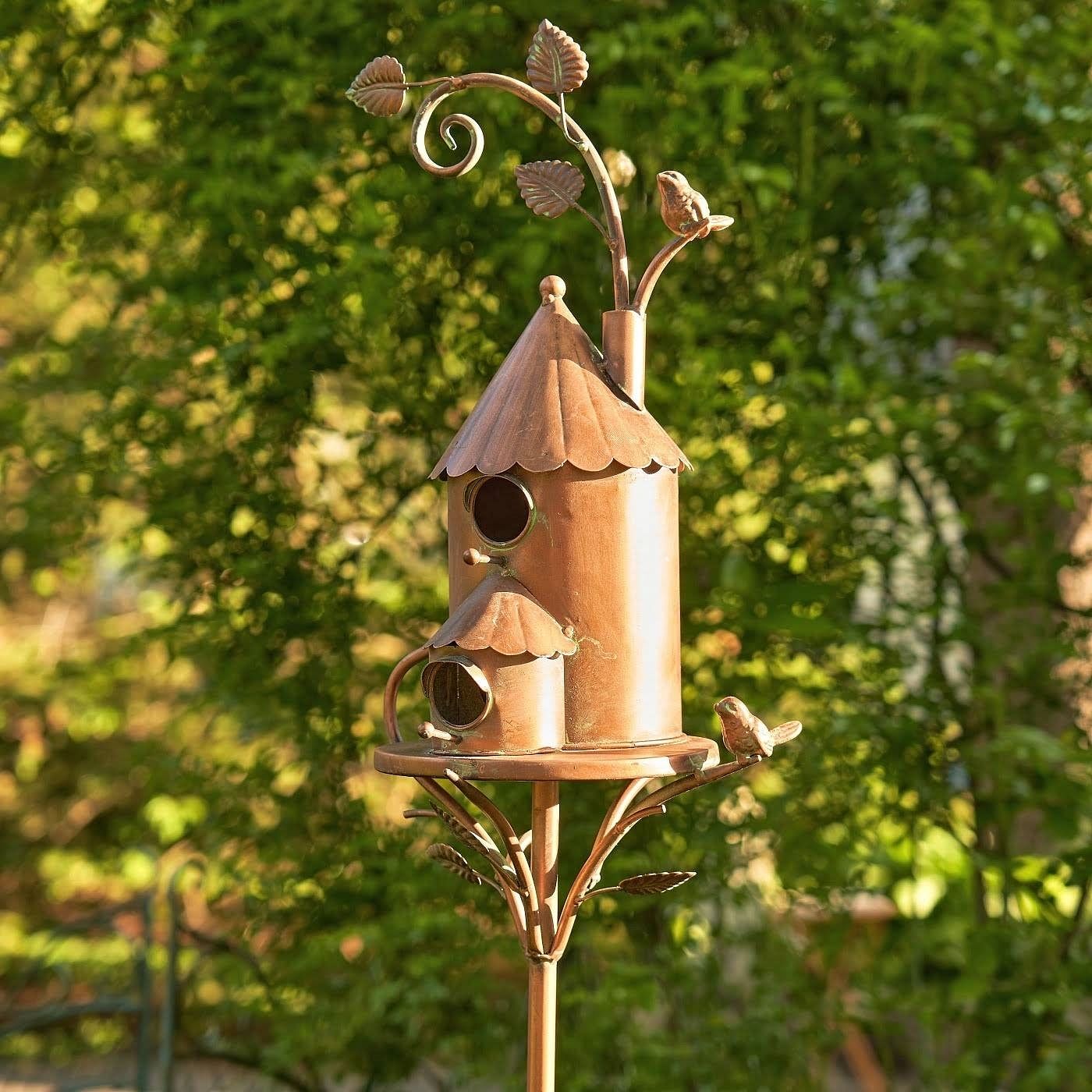 Cast Iron Metal Birdhouse with Pole and Stake in Copper Finish - Free Shipping 
