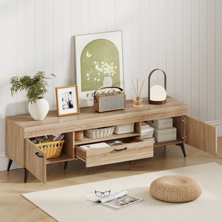 TV Stand with 2 Cabinets and Storage Drawer for 65 Inches TVs-Oak