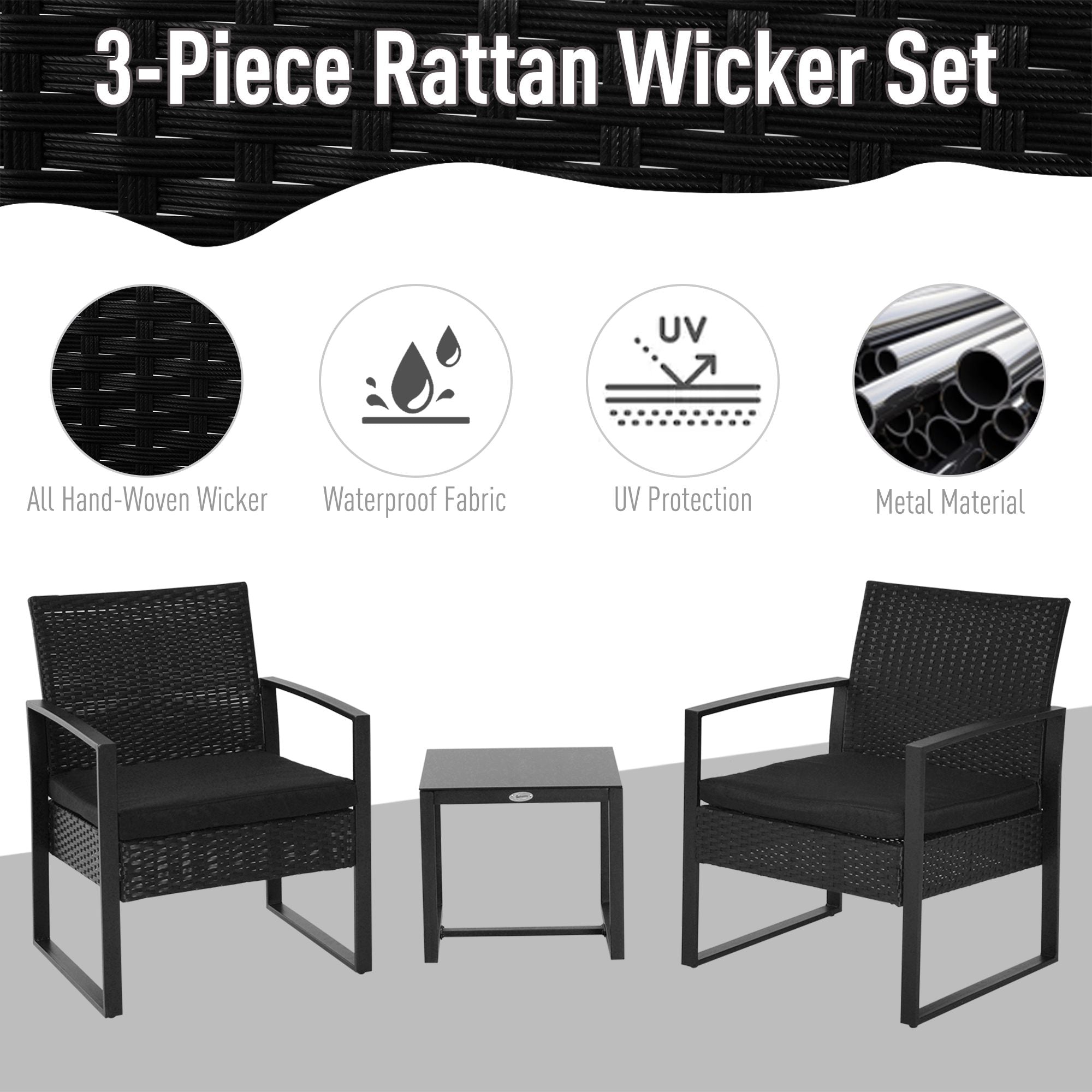 Outsunny 3 Pieces Patio Bistro Set, Outdoor PE Rattan Garden Porch Furniture w/ Cushioned Chairs & Tea Table Patio Furniture, Black 