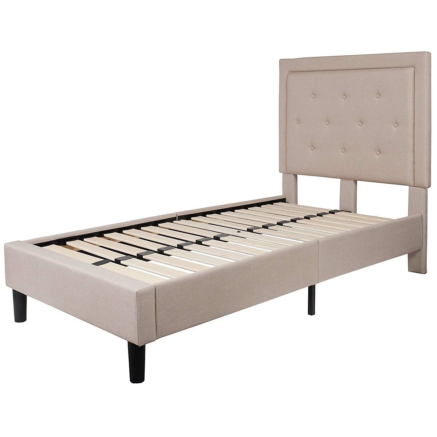 Twin Beige Fabric Upholstered Platform Bed with Button Tufted Headboard - Free Shipping