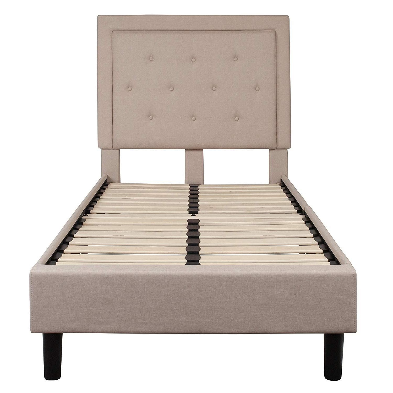 Twin Beige Fabric Upholstered Platform Bed with Button Tufted Headboard - Free Shipping