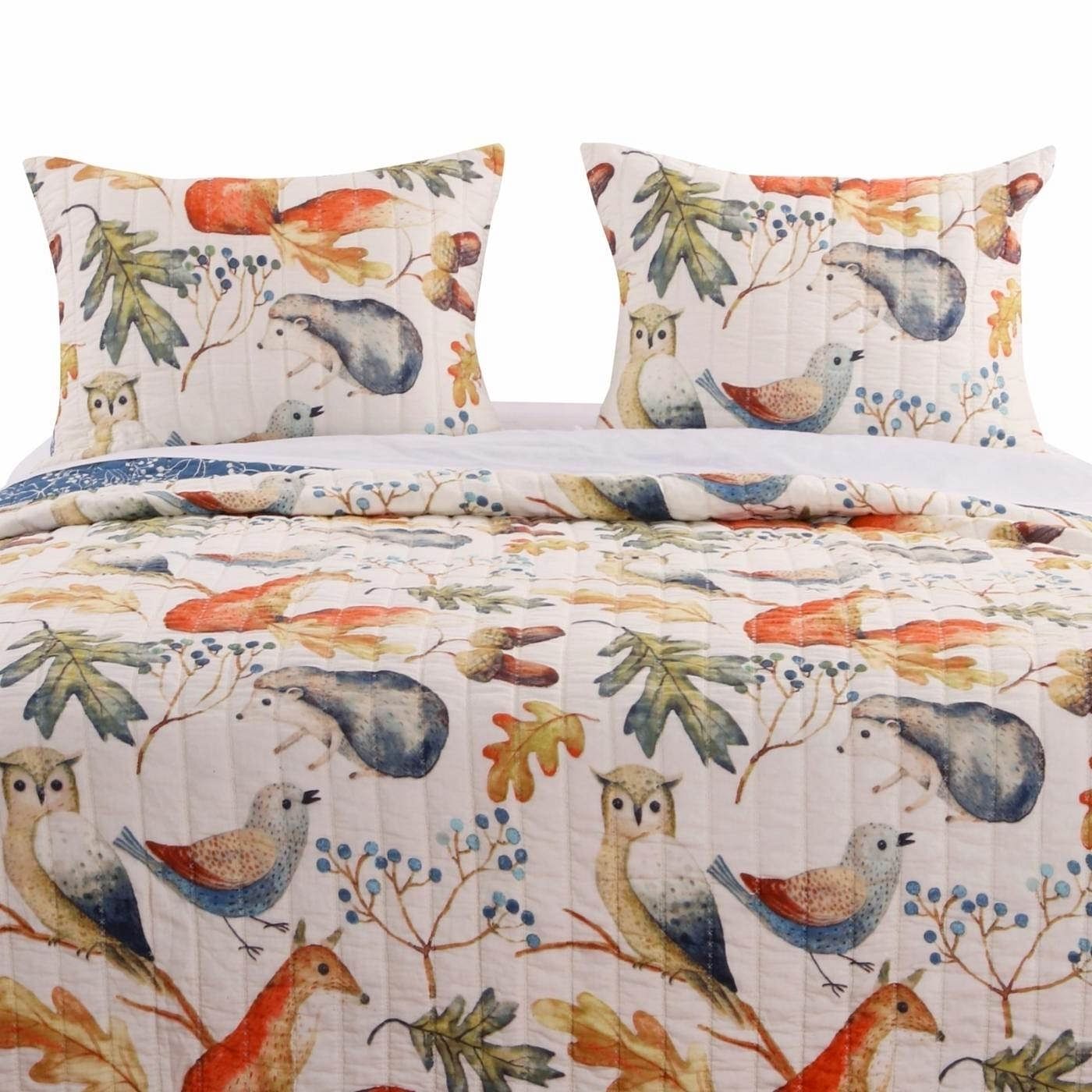 Twin 2-Piece Blue Beige Birds Animals Floral Reversible Quilt Set - Free Shipping