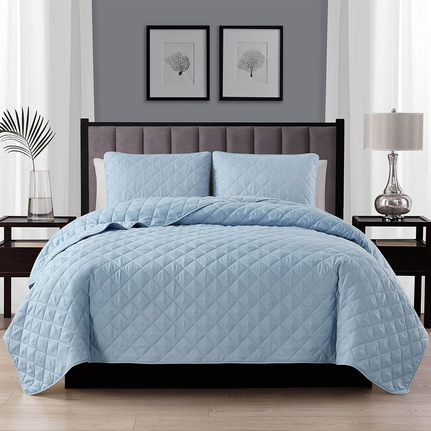 Twin/Twin XL 2-Piece Light Blue Microfiber Reversible Diamond Quilt Set - Free Shipping 