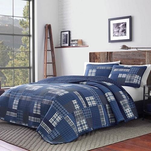 Twin Size 100-Percent Cotton Reversible 2 Piece Blue Patchwork Quilt Set - Free Shipping 