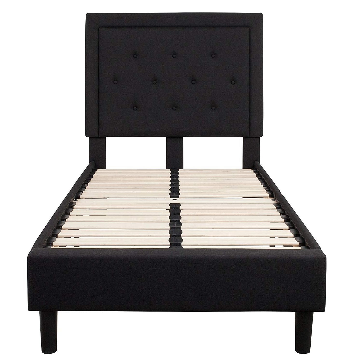 Twin Black Fabric Upholstered Platform Bed Frame with Tufted Headboard - Free Shipping