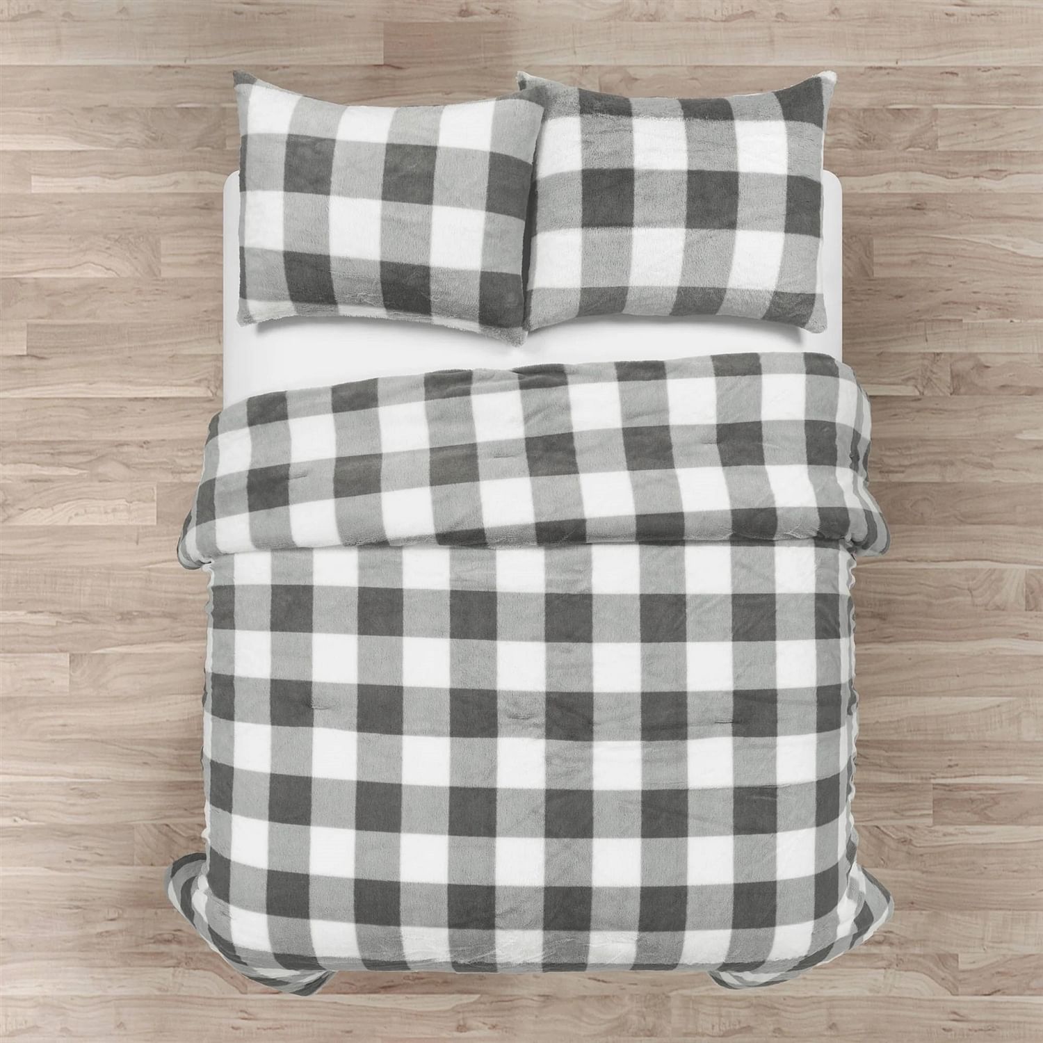 Twin Size Plaid Soft Faux Fur Comforter Set in Black White Grey - Free Shipping