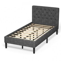 Twin Size Grey Upholstered Button Tufted Headboard Platform Bed - Free Shipping