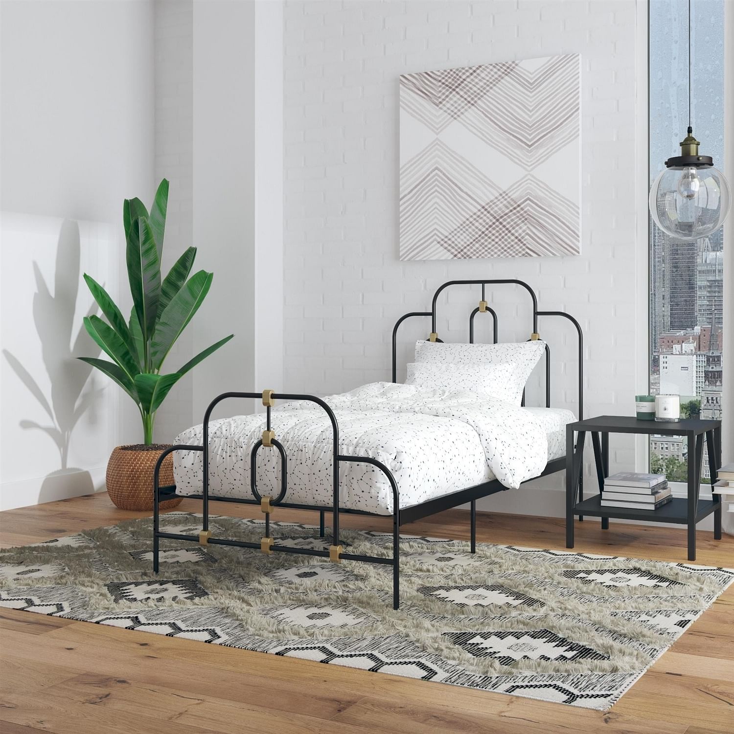 Twin size Farmhouse Adjustable Height Platform Bed in Black Gold Metal Finish - Free Shipping