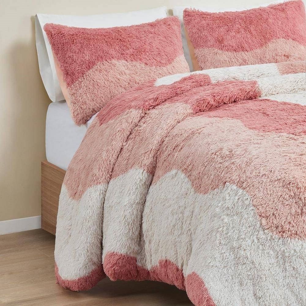 Twin/Twin XL Pink Blush White Reversible Soft Sherpa Faux Fur 2-PC Comforter Set - Free Shipping