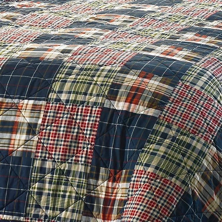 Twin size Farmhouse Red Navy Plaid 100-Percent Cotton Reversible Quilt Set - Free Shipping