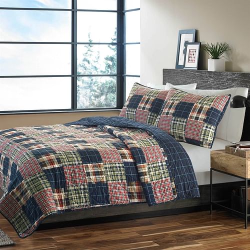 Twin size Farmhouse Red Navy Plaid 100-Percent Cotton Reversible Quilt Set - Free Shipping