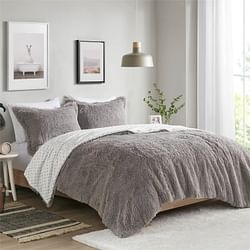 Twin/Twin XL size Grey Reversible Soft Sherpa Faux Fur 2-Piece Comforter Set - Free Shipping