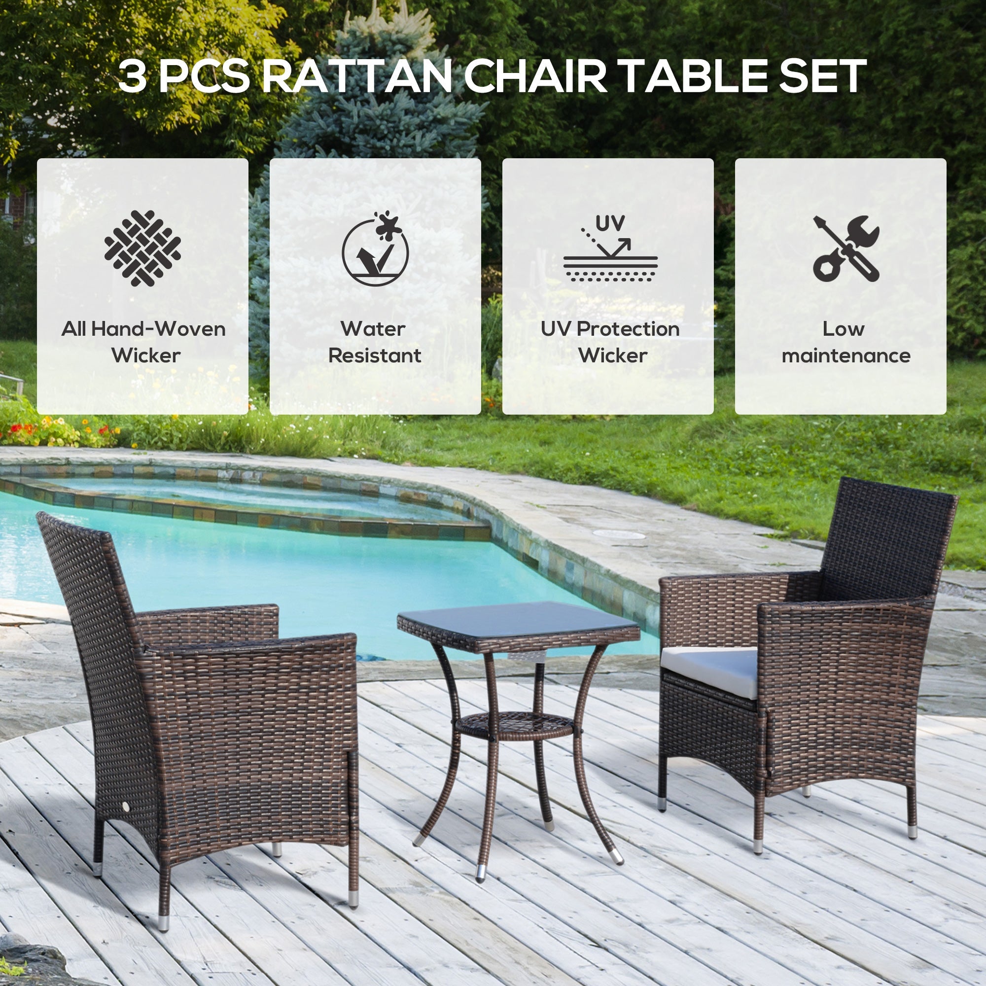 Outsunny 3 Pieces Patio Bistro Set, Outdoor PE Rattan Porch Furniture with Two Armchairs, Glass Top Coffee Table, Coffee 