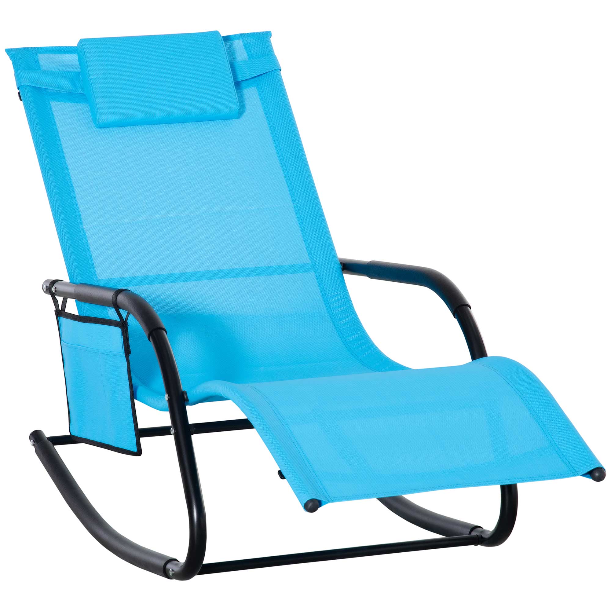 Outsunny Patio Rocking Recliner Chair Sling Fabric Sun Lounger with Headrest Side Pocket for Outdoor Garden Deck Dark Blue 