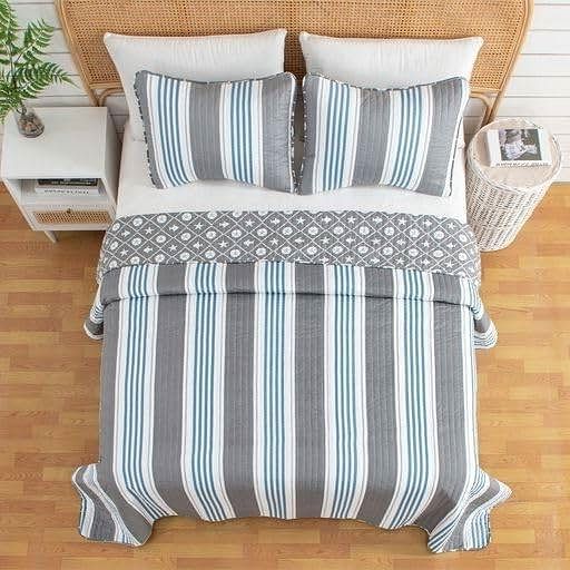 Twin 2 Piece Coastal Starfish Sand Dollar Grey Blue White Nautical Quilt Set - Free Shipping