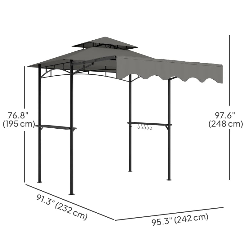 8' x 7.6' Grill Gazebo, Double Tiered Barbecue Grill Gazebo Shelter w/ Side Awning, 2 Side Shelves, 6 Hooks, Light Grey