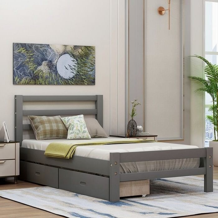 Twin size Gray Low Profile 2 Drawer Storage Platform Bed - Free Shipping