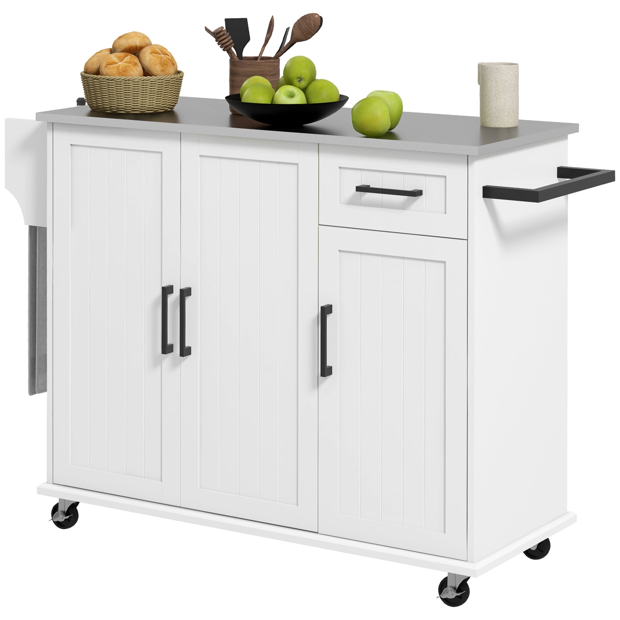 HOMCOM Movable Kitchen Workstation: White Rolling Island with Stainless Steel Top, 3 Cabinets, Spice/Towel Racks 