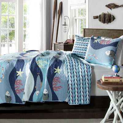 Twin Blue Serenity Sea Fish Coral Coverlet Quilt Bedspread Set - Free Shipping 