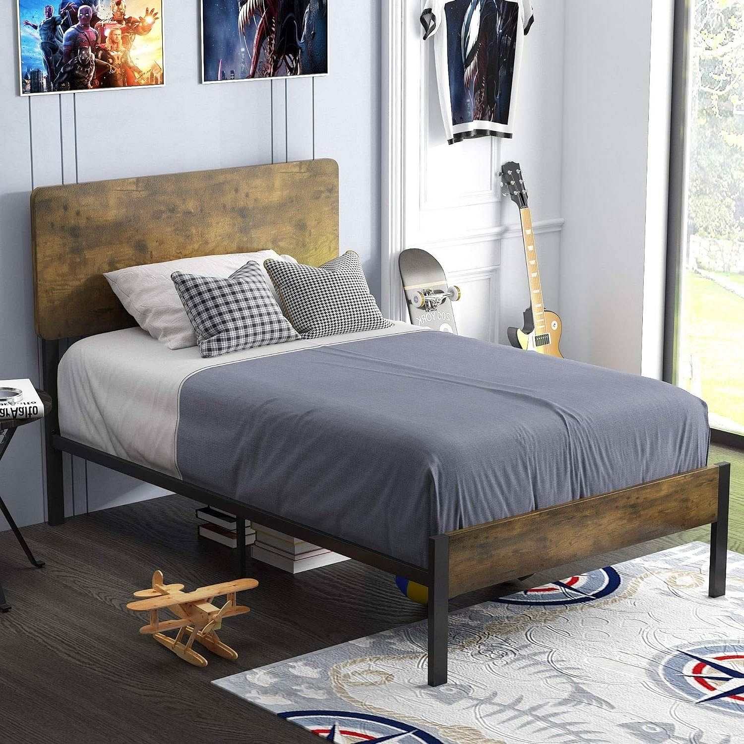 Twin Modern Metal Platform Bed Frame with Rustic Wood Headboard and Footboard - Free Shipping