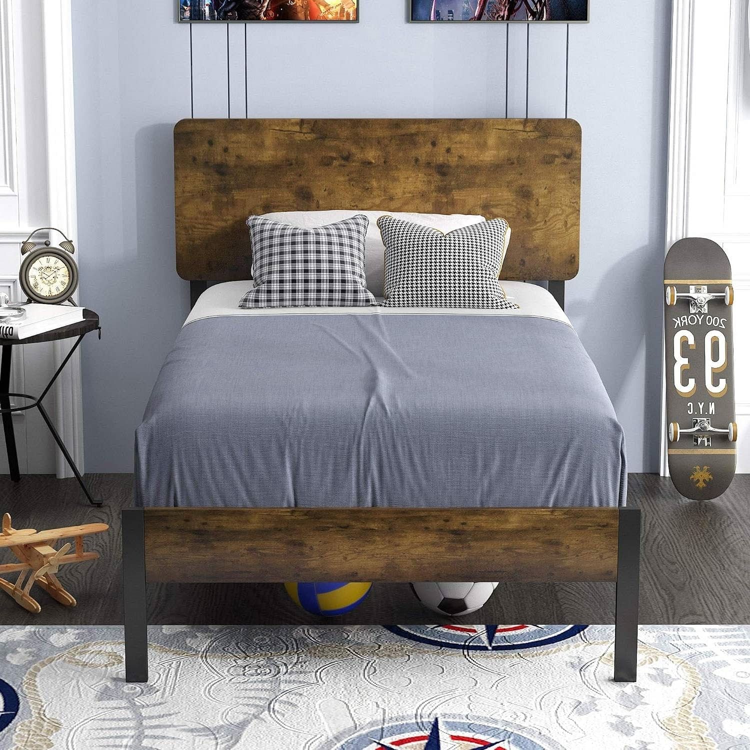 Twin Modern Metal Platform Bed Frame with Rustic Wood Headboard and Footboard - Free Shipping