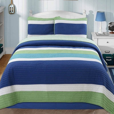 Twin Size Navy Blue/Green/Teal/White Stripe 100-Percent Cotton Quilt Set - Free Shipping 
