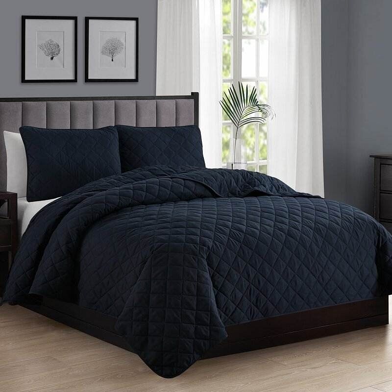 Twin/Twin XL 2-Piece Navy Blue Polyester Microfiber Reversible Diamond Quilt Set - Free Shipping 