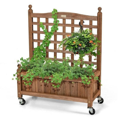 Solid Fir Wood Outdoor Raised Garden Bed Planter Box Cart on Wheels with Trellis - Free Shipping 