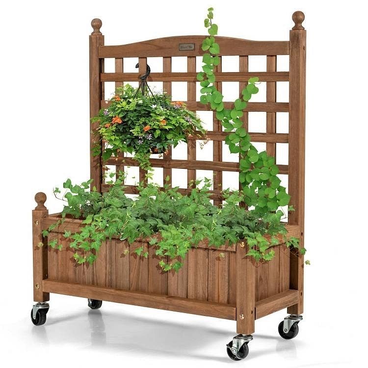 Solid Fir Wood Outdoor Raised Garden Bed Planter Box Cart on Wheels with Trellis - Free Shipping