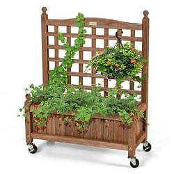 Solid Fir Wood Outdoor Raised Garden Bed Planter Box Cart on Wheels with Trellis - Free Shipping