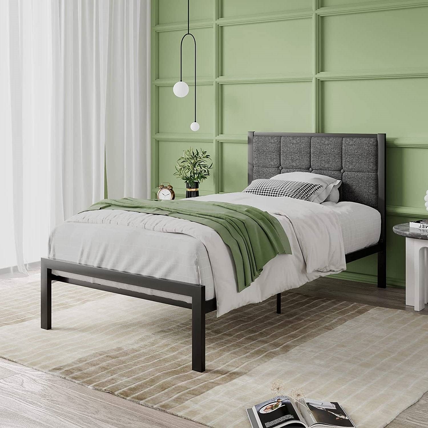 Twin Metal Platform Bed Frame with Gray Button Tufted Upholstered Headboard - Free Shipping