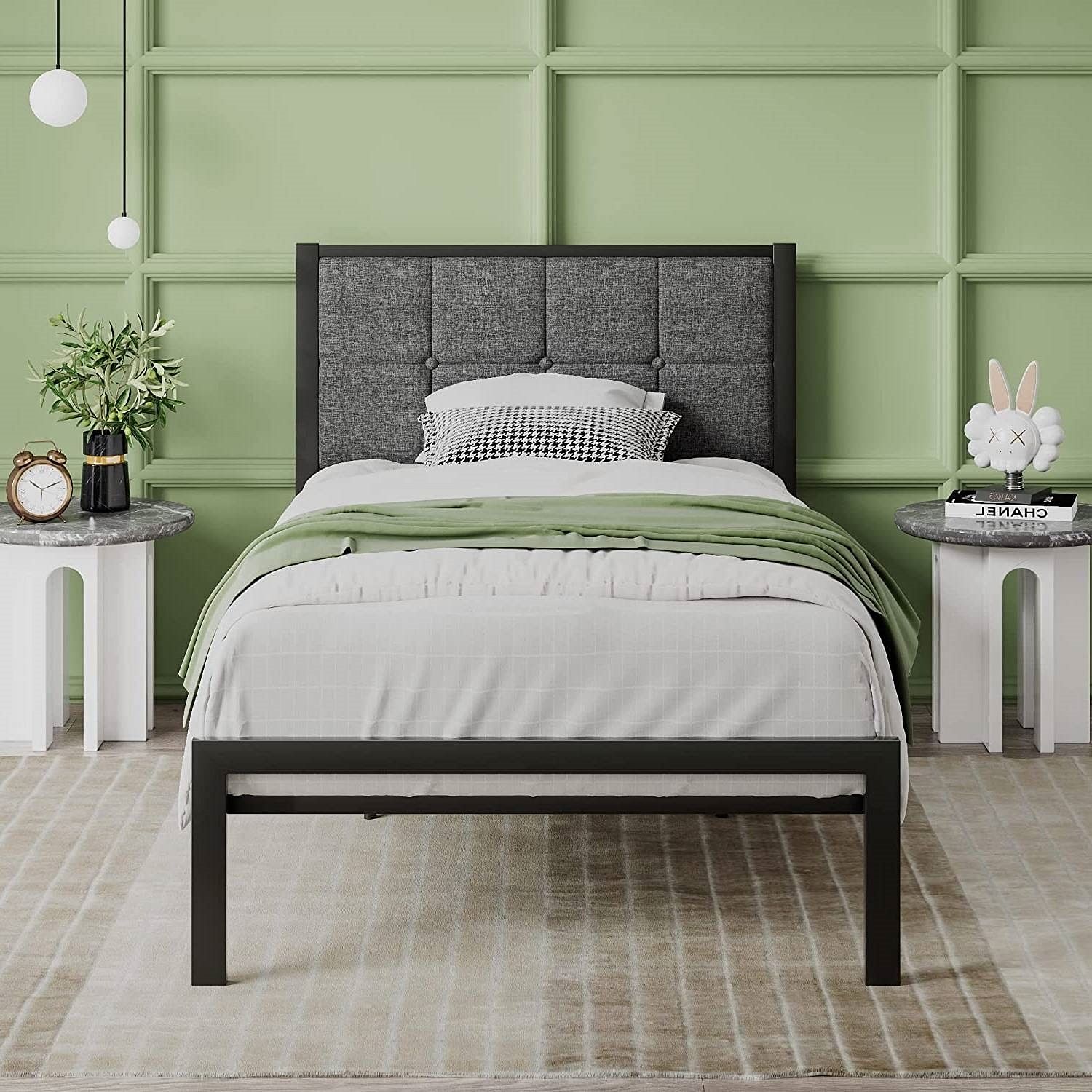 Twin Metal Platform Bed Frame with Gray Button Tufted Upholstered Headboard - Free Shipping