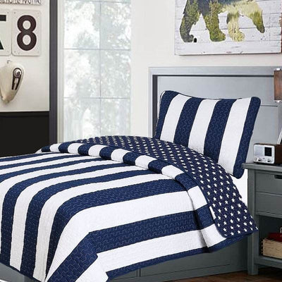 Twin 2 Piece Navy White Stars Stripes 100-Percent Cotton Reversible Quilt Set - Free Shipping 