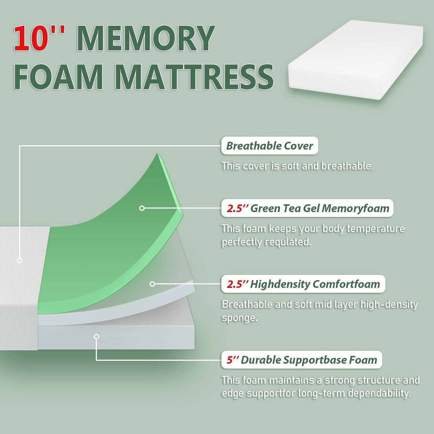 Twin size 10-inch Thick Medium Firm Cool Gel Memory Foam Mattress - Free Shipping 