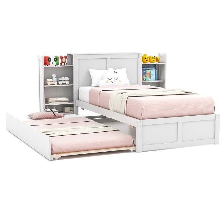 Twin/Full Wood Platform Bed w/ Trundle and Storage Bookcase Headboard in White - Free Shipping