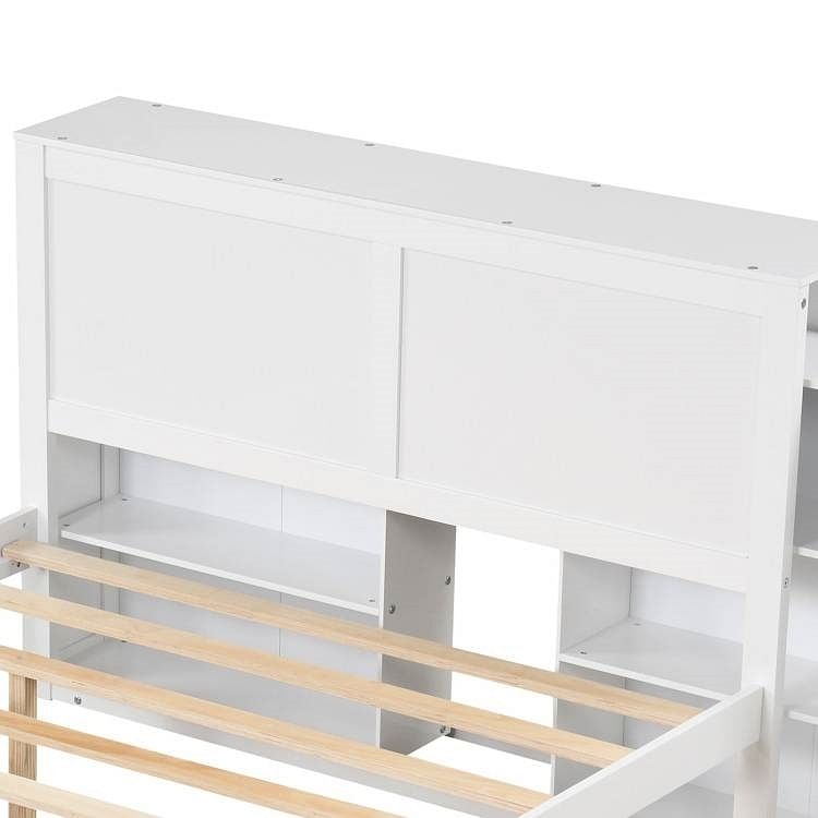 Twin/Full Wood Platform Bed w/ Trundle and Storage Bookcase Headboard in White - Free Shipping