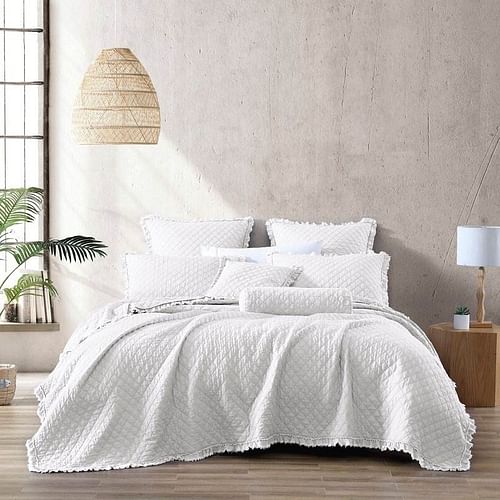 Twin White Farmhouse Microfiber Diamond Quilted Bedspread Set Frayed Edges - Free Shipping