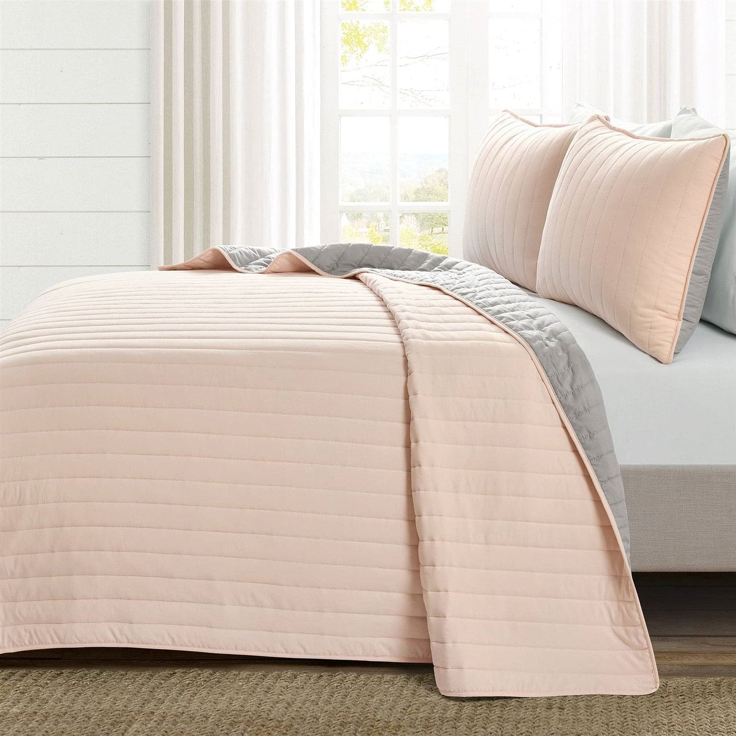 Twin/Twin XL Soft Reversible Lightweight Quilt Set in Rose Blush Pink and Grey - Free Shipping