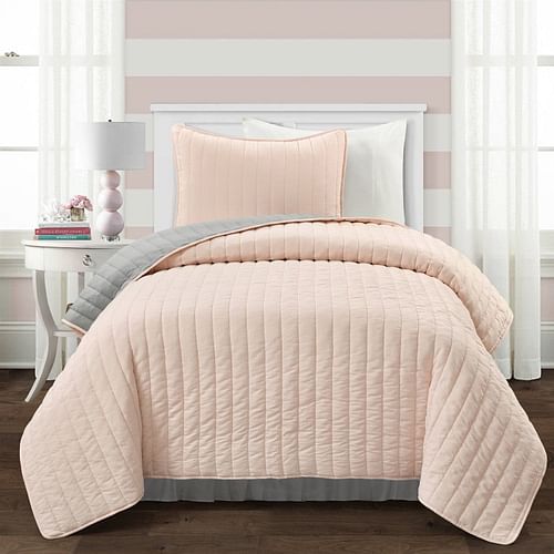 Twin/Twin XL Soft Reversible Lightweight Quilt Set in Rose Blush Pink and Grey - Free Shipping 