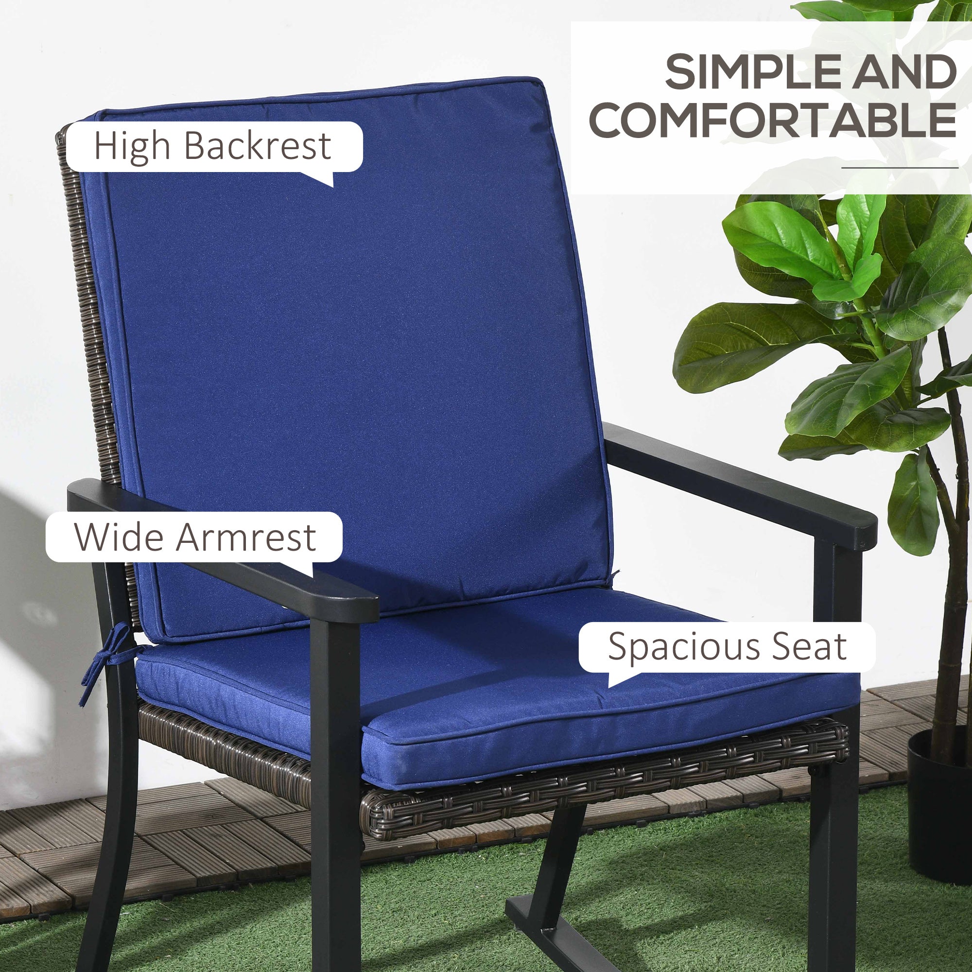 Outsunny Patio Wicker Rocking Chair Outdoor PE Rattan High Back Armrest Seat Cushion Blue Color Furniture 