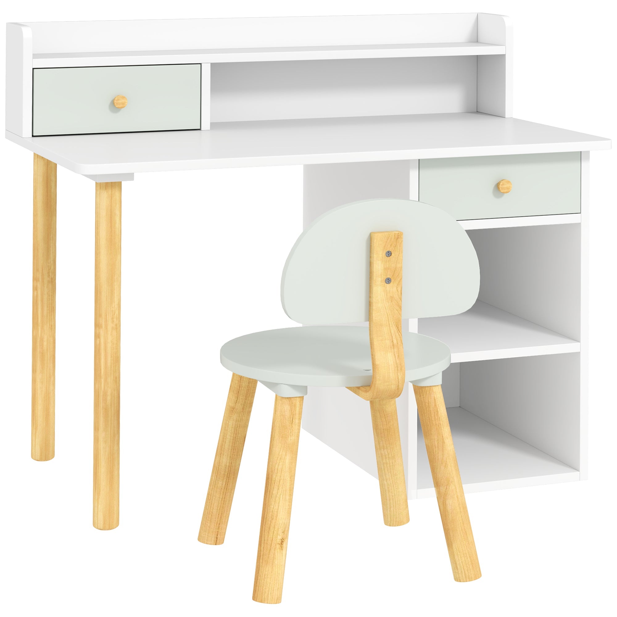 Qaba Kids Study Table and Chair Set, Kids Desk and Chair Set w/ Storage and Shelves, for 3-8 Year Old, Green 